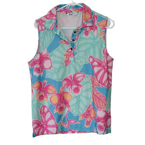 Kenny Flowers Sleeveless Golf Polo Shirt Size L Pink Green Floral Tropical